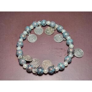 Vintage Costume Jewelry Stretch Bracelet pearl paua turquoise beads & coins